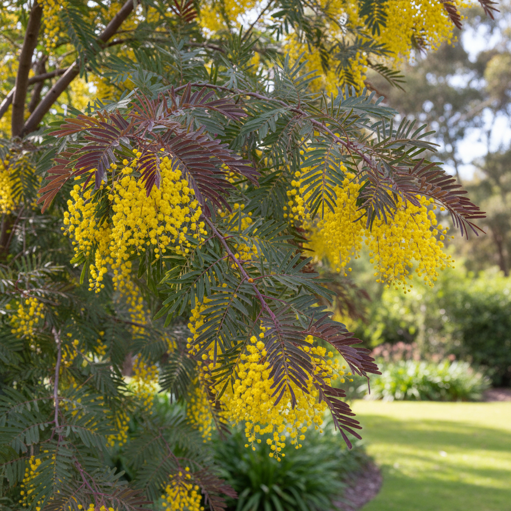 Acacia Baileyana Purpurea - Cootamundra Wattle with purple foliage and yellow flowers
