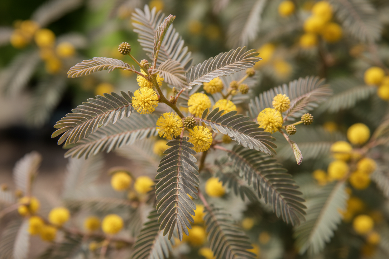 Close-up of Acacia Baileyana Purpurea purple foliage and golden flowers