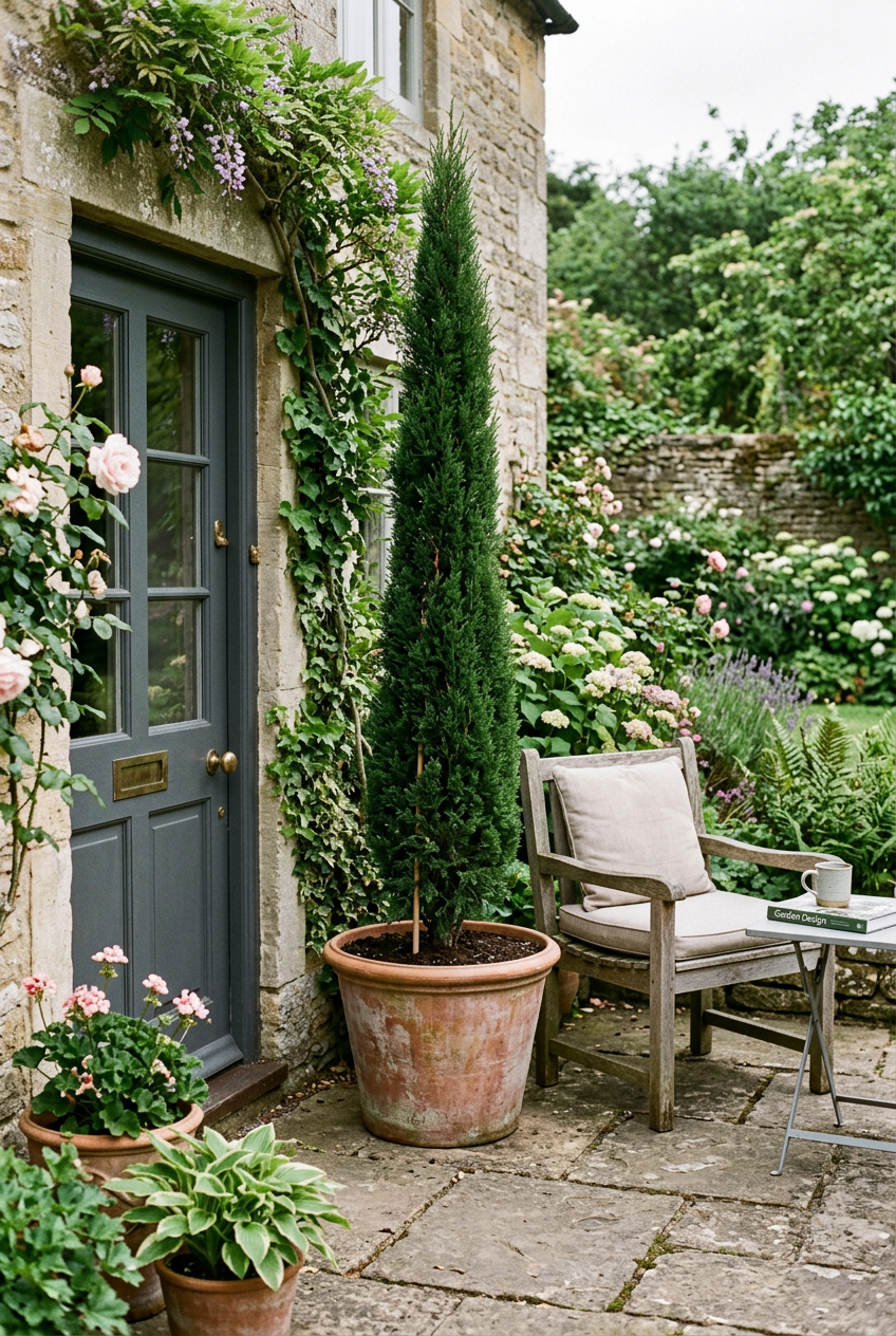 Italian Cypress in terracotta container on UK patio 