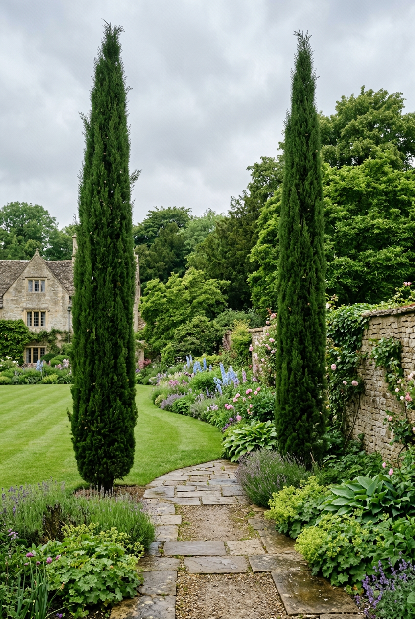 Mature Italian Cypress in UK garden 